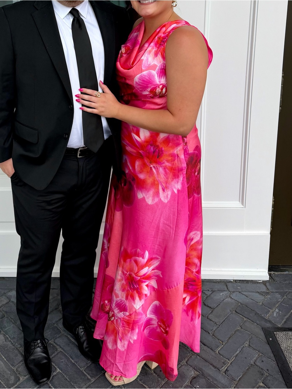 Pink Floral Maxi Dress with Cowl Neck